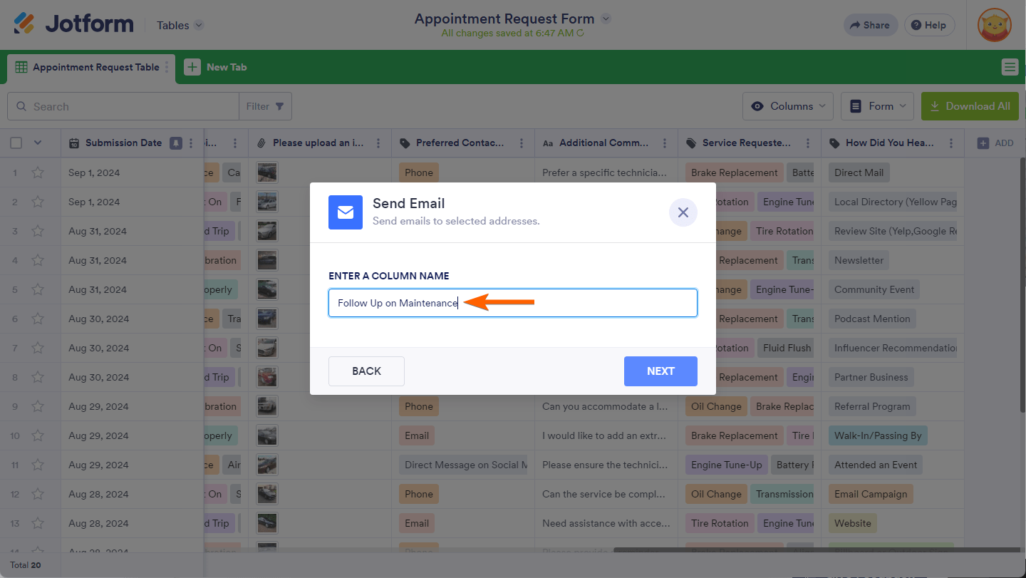 Enter Column Name in the Send Email window of the Jotform Tables