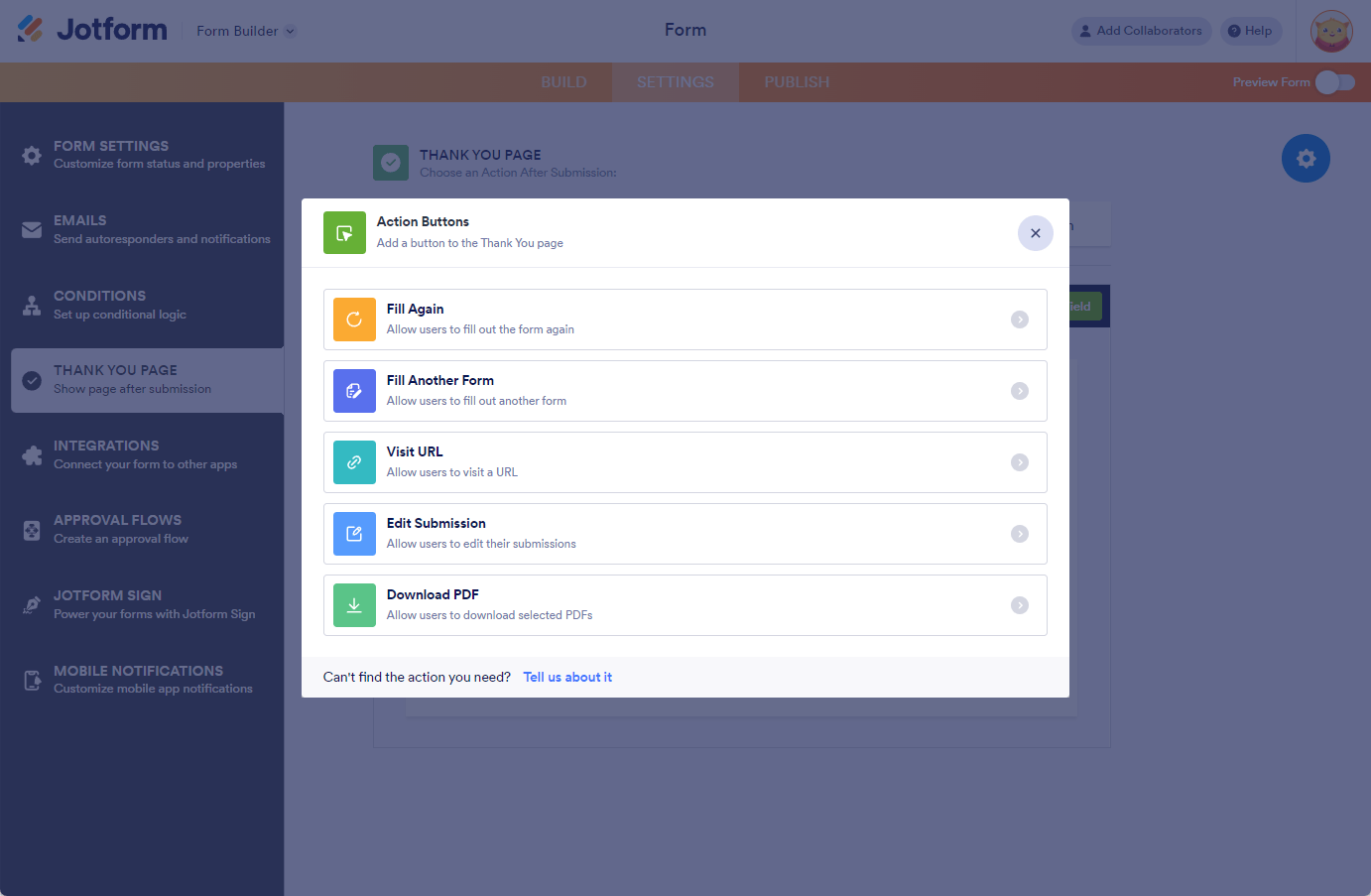 Options for the Action Buttons in the Thank You Page settings of the Jotform Form Builder