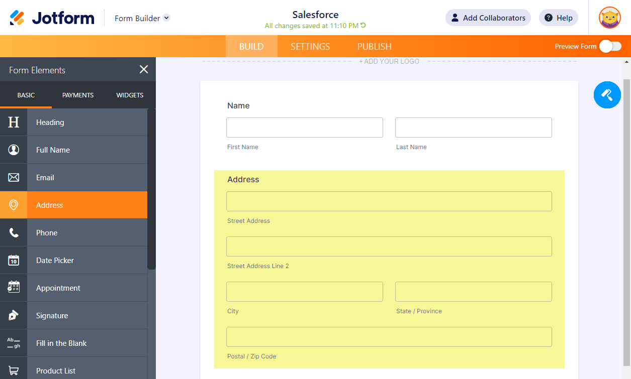 Elemento de Formulario de Dirección en el Creador de Formularios de Jotform