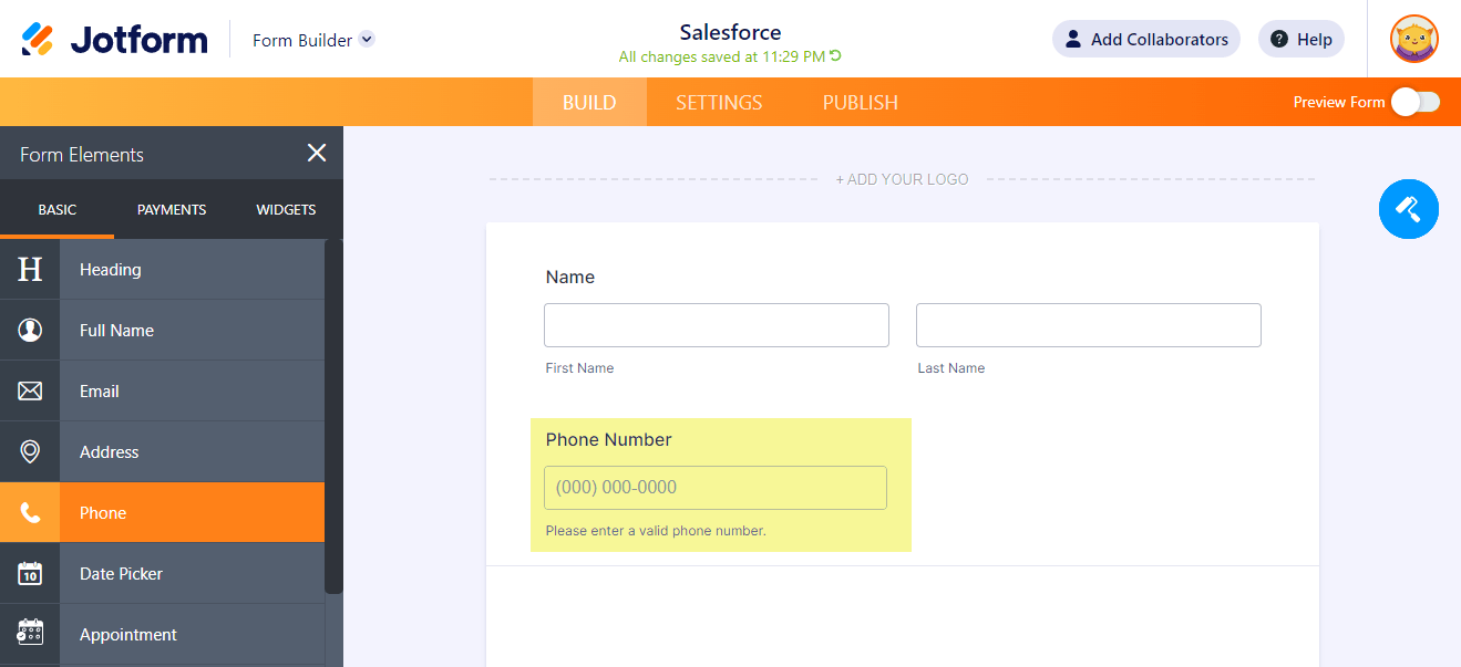 Elemento de Teléfono en el Creador de Formularios de Jotform