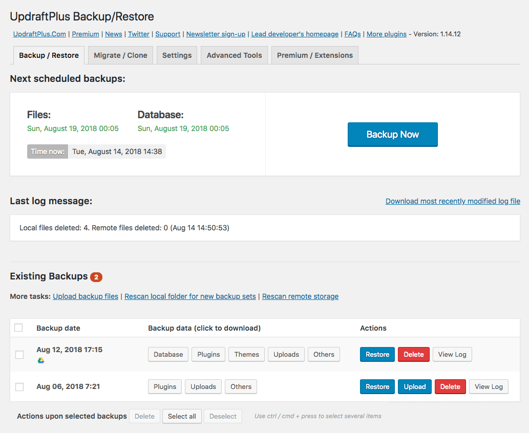 User Interface of UpdraftPlus
