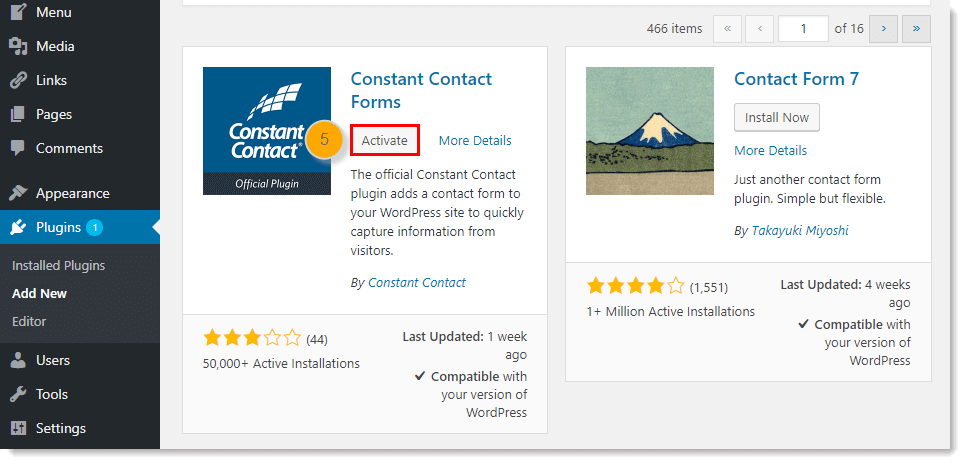 Constant Contact in WordPress Plugin Tab