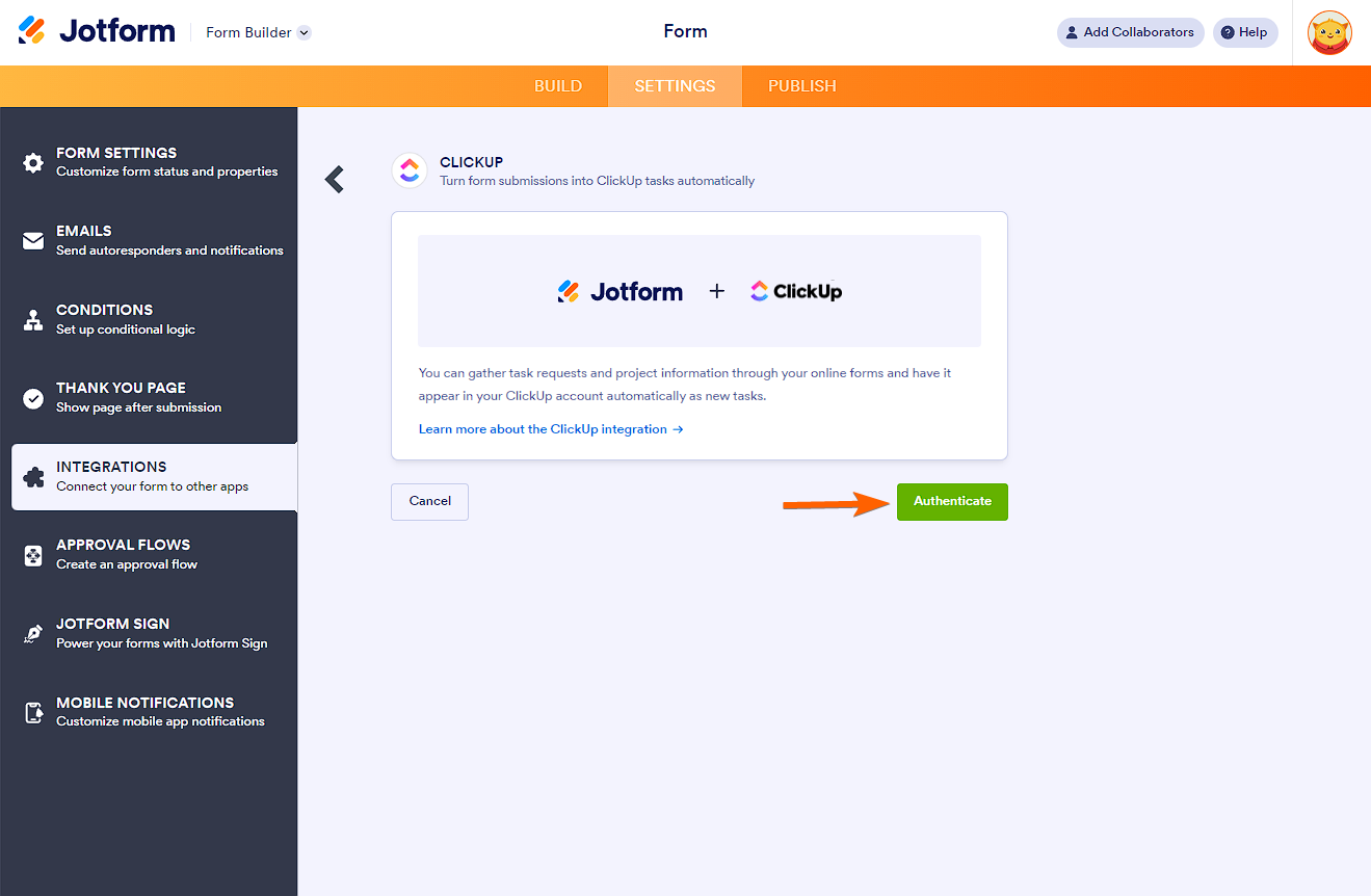 Authenticate button in the ClickUp Integration with Jotform