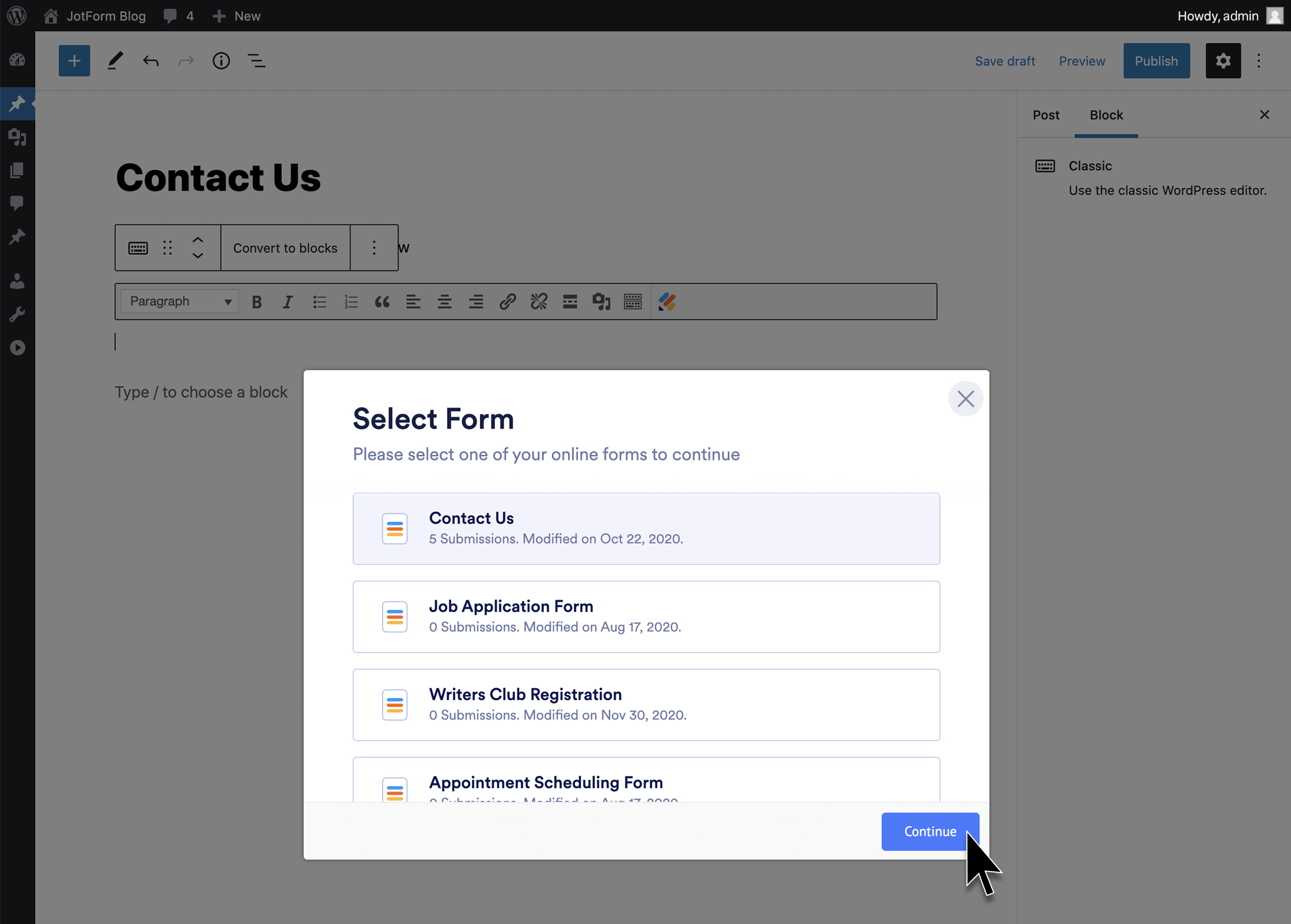 User Interface of Jotform Online Form Plugin in WordPress