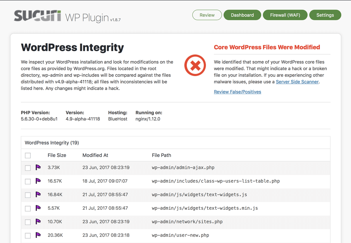 User Interface of Sucuri Security