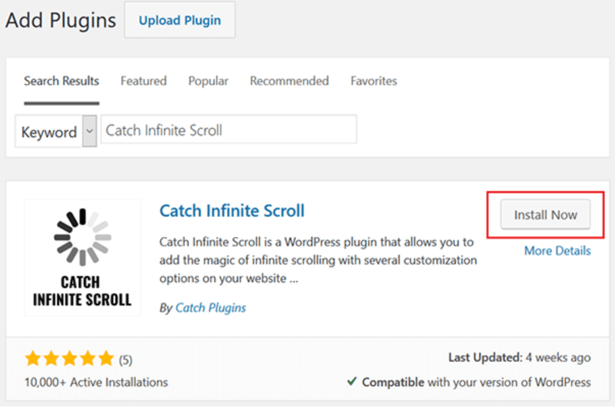 Catch Infinite Scroll Plugin in WordPress Plugin Tab