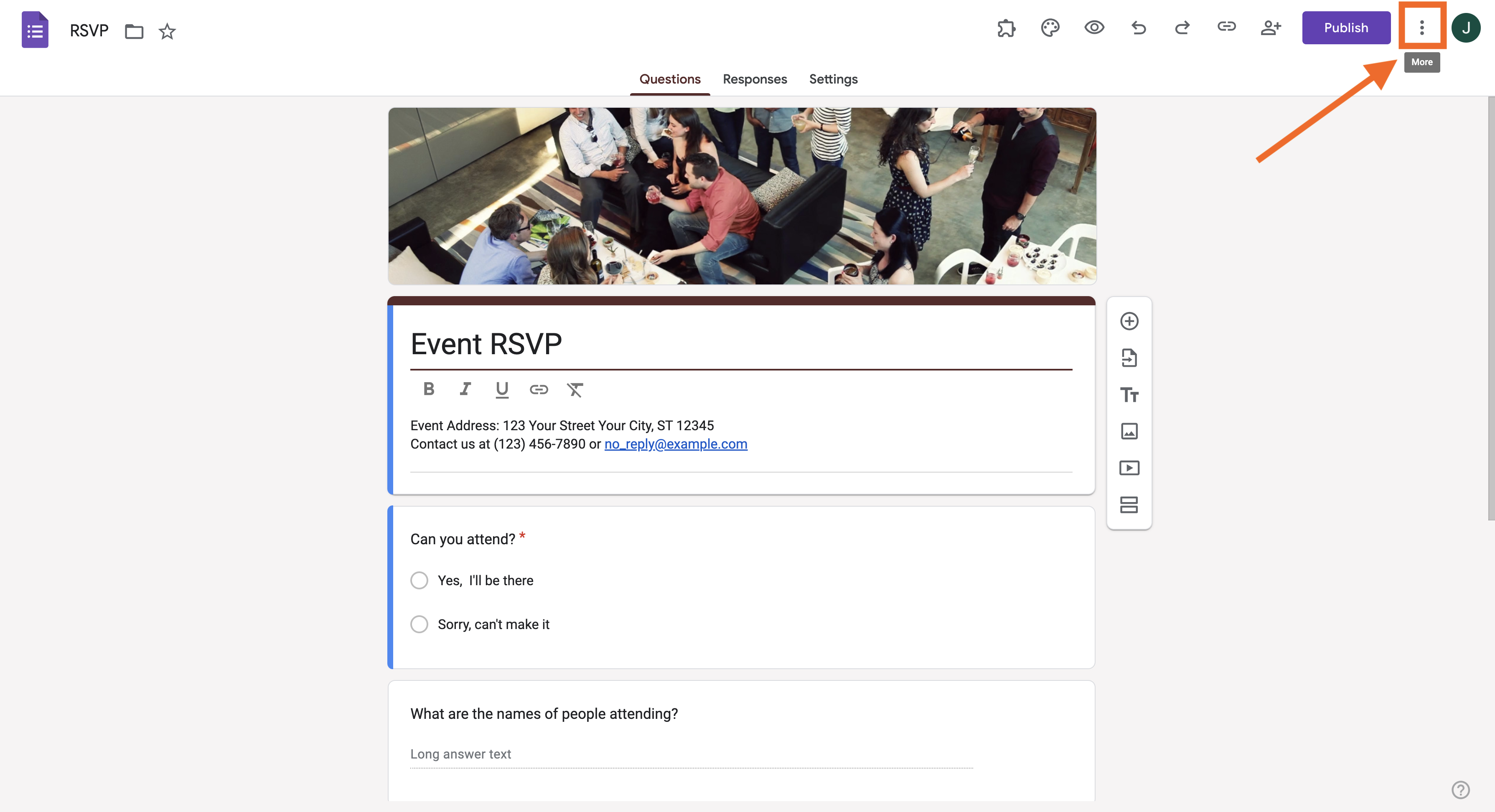 Screenshot of Google Forms highlighting a three-dot icon in the top right corner