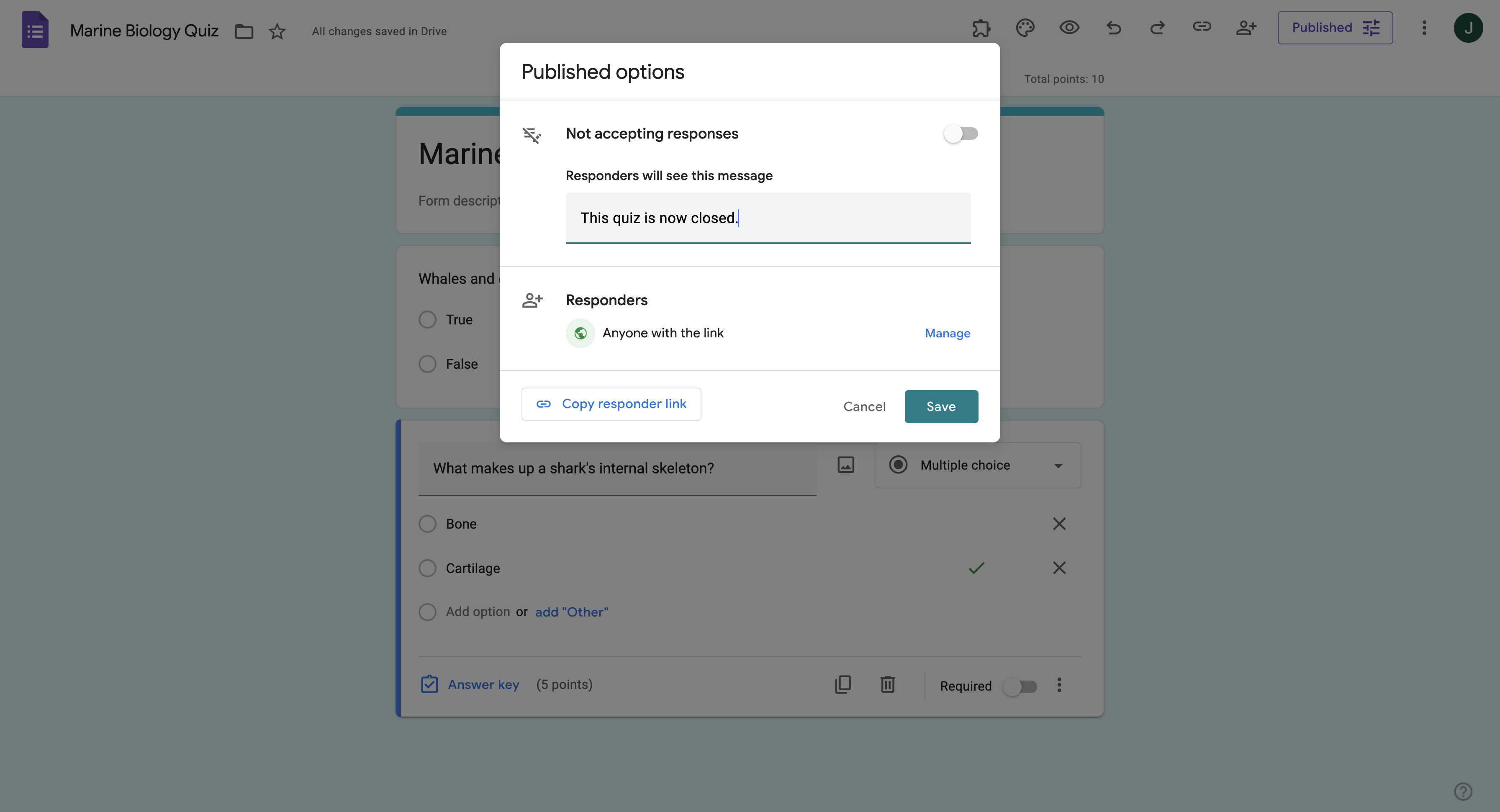 Google Forms Published Options Window Entering a Message for Respondents to See