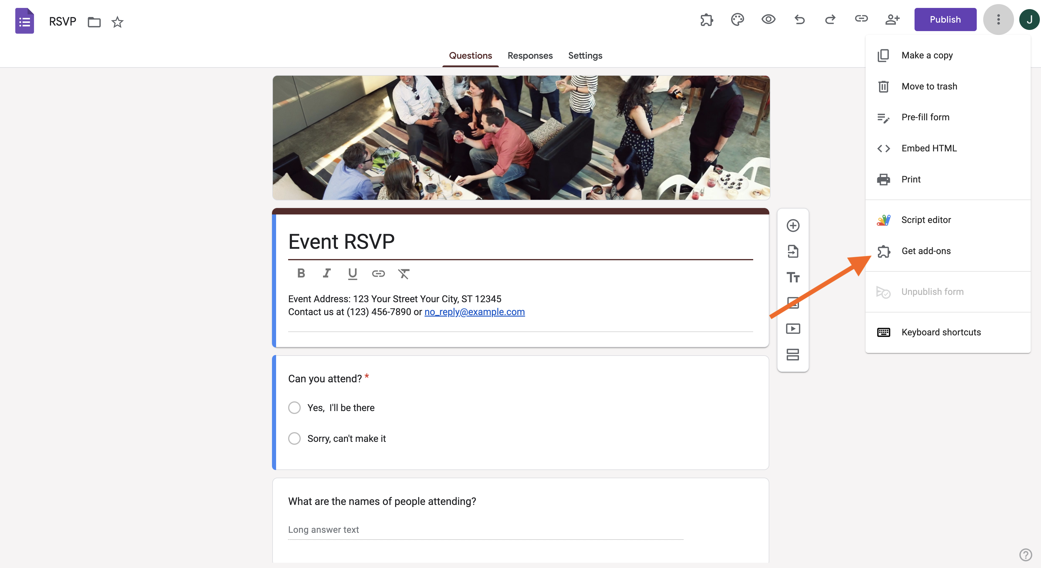 Screenshot of a Google Form interface clicking on the add-ons (puzzle piece) icon at the top