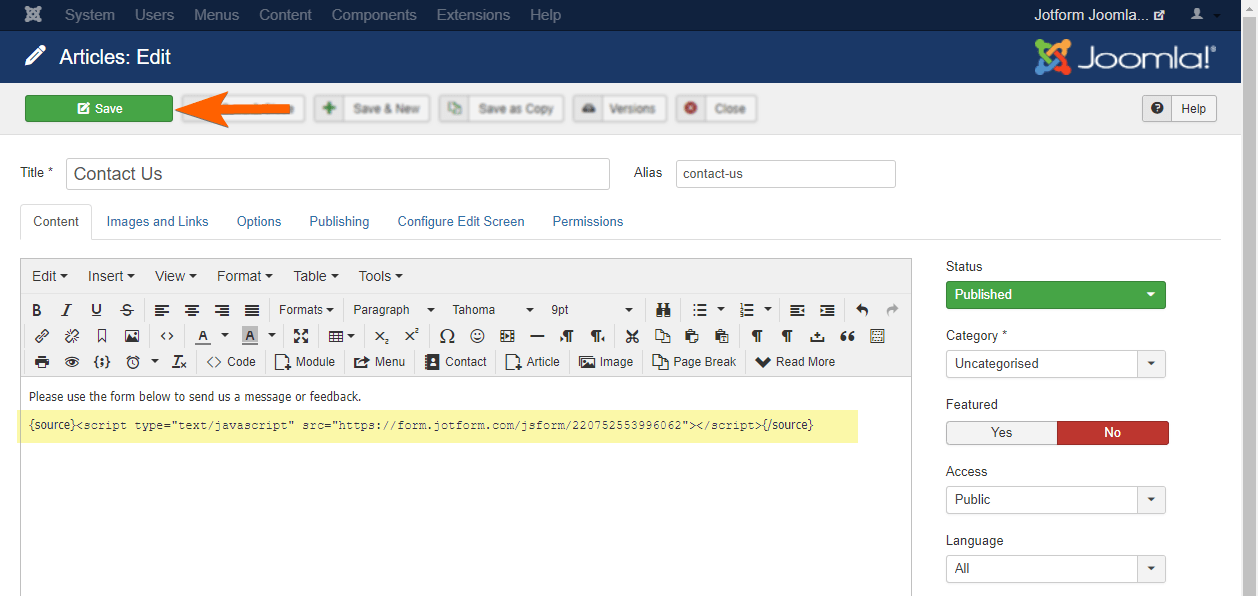 A Save button in Joomla 3