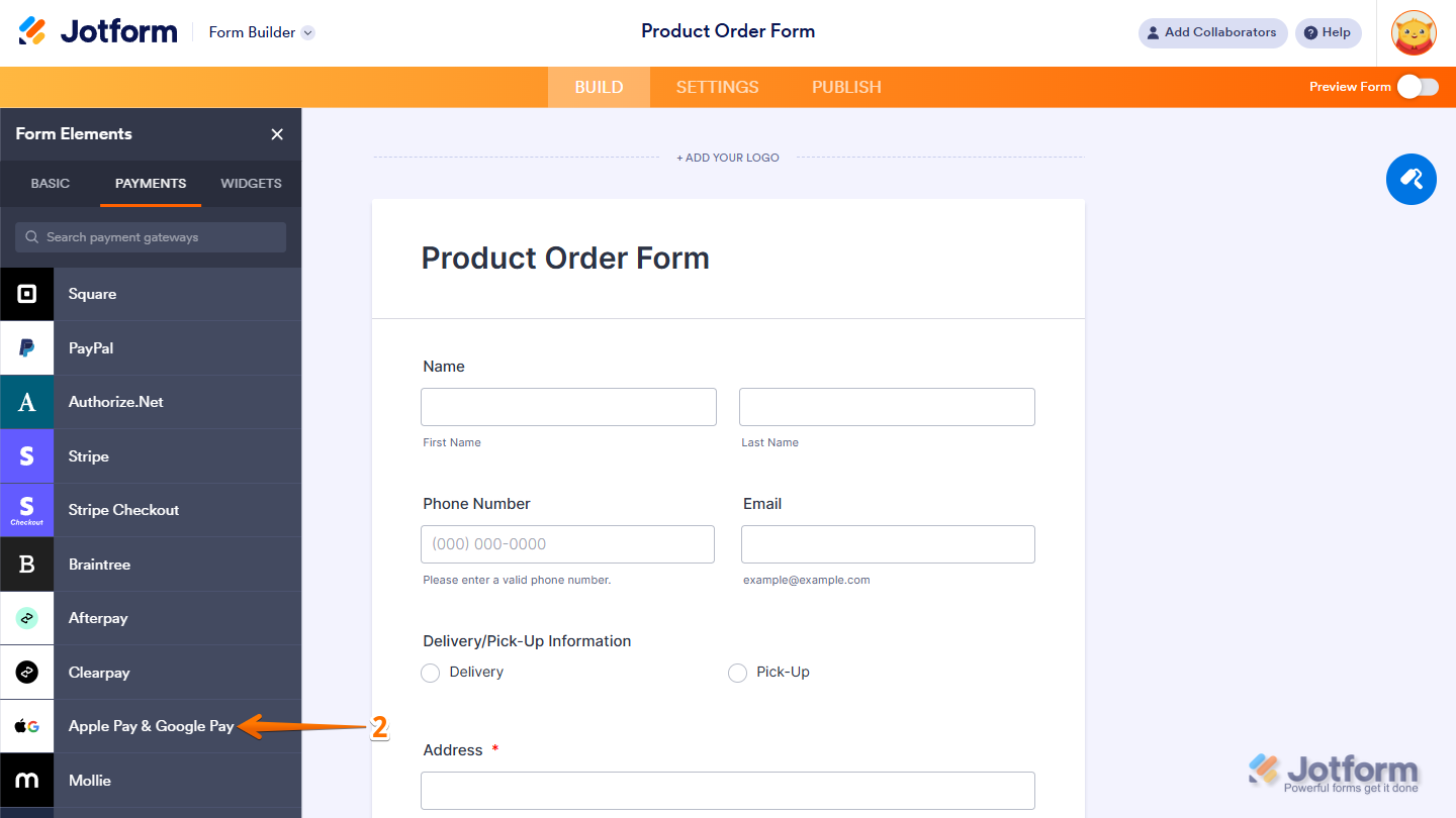 Form Elements menu with Apple Pay & Google Pay selected under the Payments tab