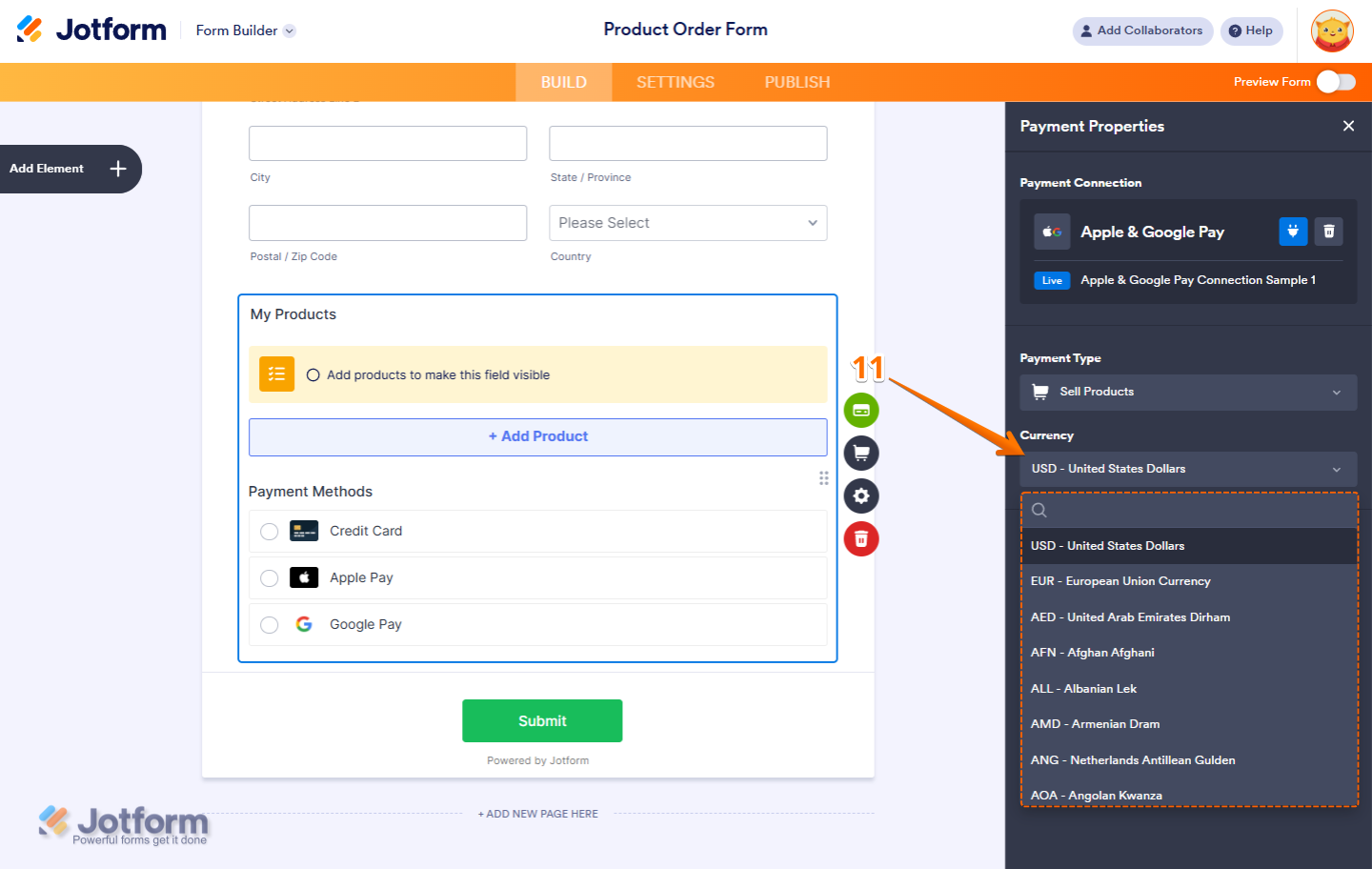 Currency dropdown menu in Apple Pay & Google Pay integration showing available currencies for Stripe Checkout