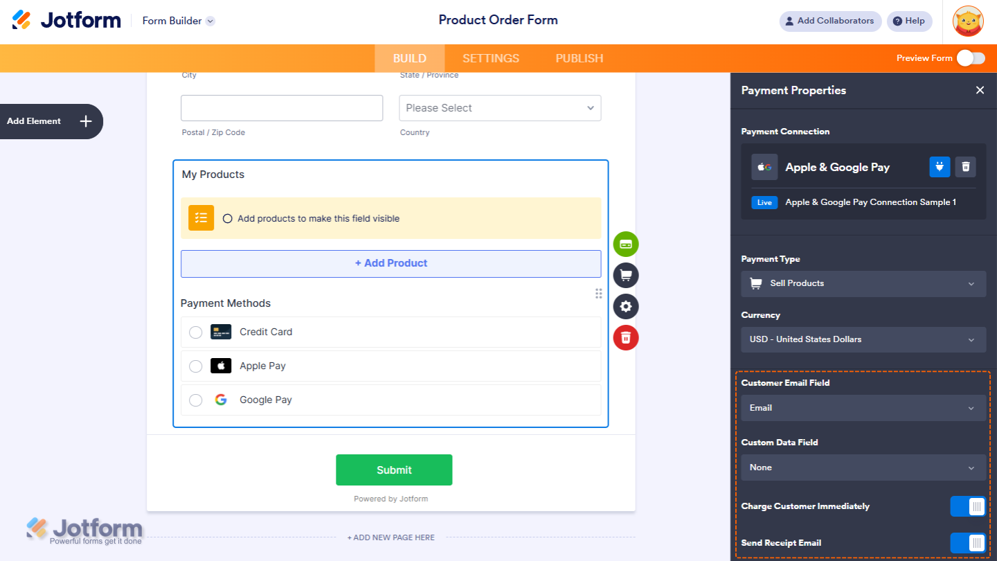 Additional Gateway Settings panel Apple Pay & Google Pay integration with options for Customer Email, Custom Data, Immediate Charge, and Receipt Email