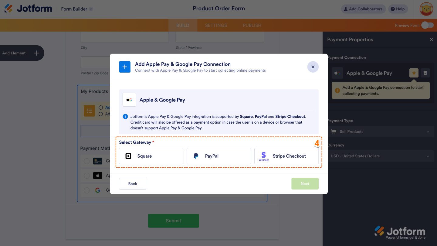 Apple Pay & Google Pay connection window showing payment provider options like Square, Stripe Checkout, and PayPal