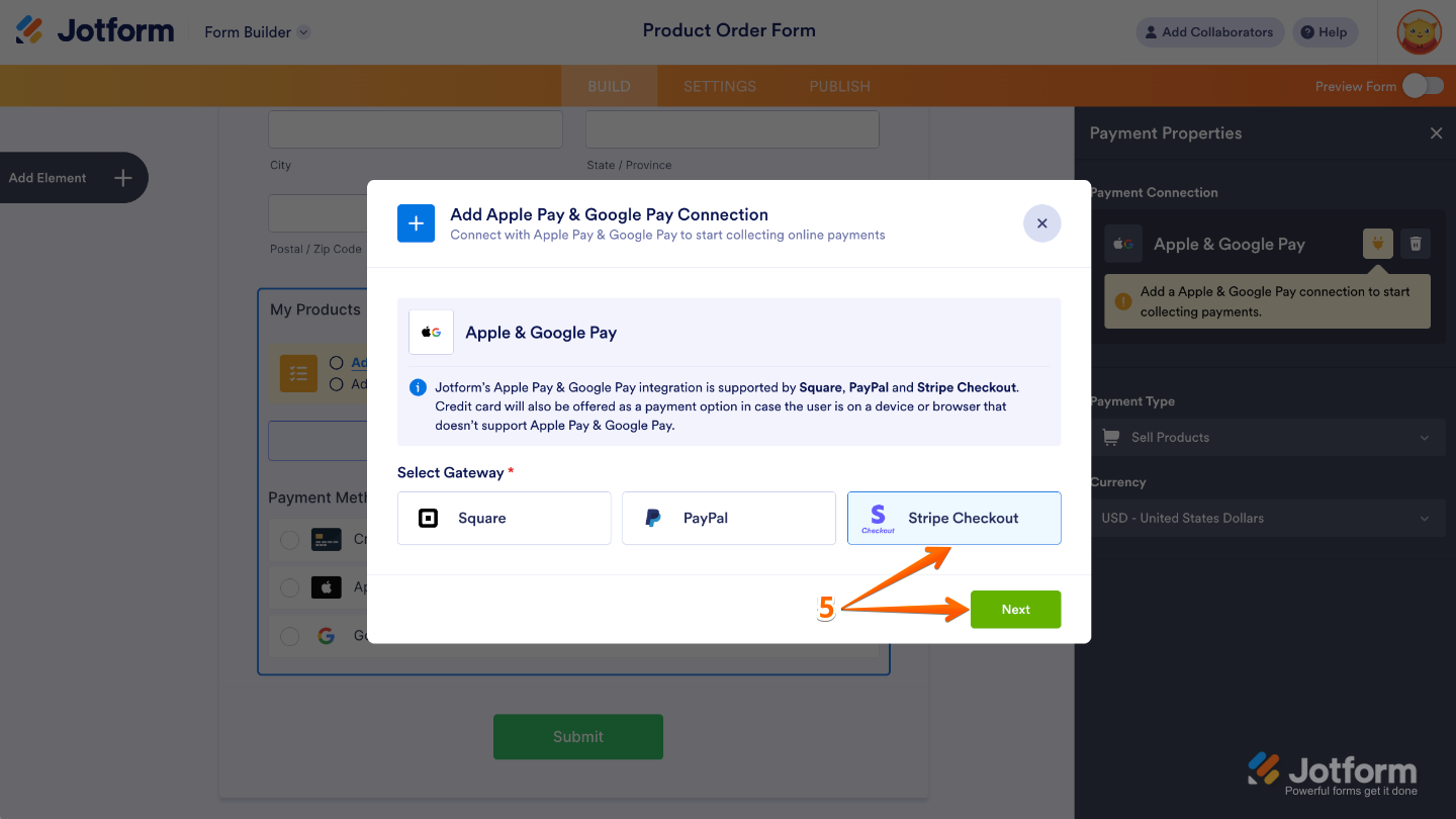 Apple Pay & Google Pay integration window with Stripe Checkout selected and Next button highlighted