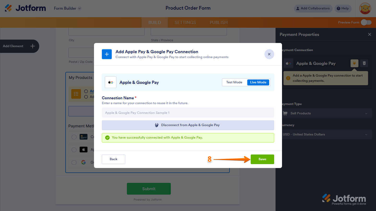 Apple Pay & Google Pay integration screen with Save button highlighted to store the Stripe connection