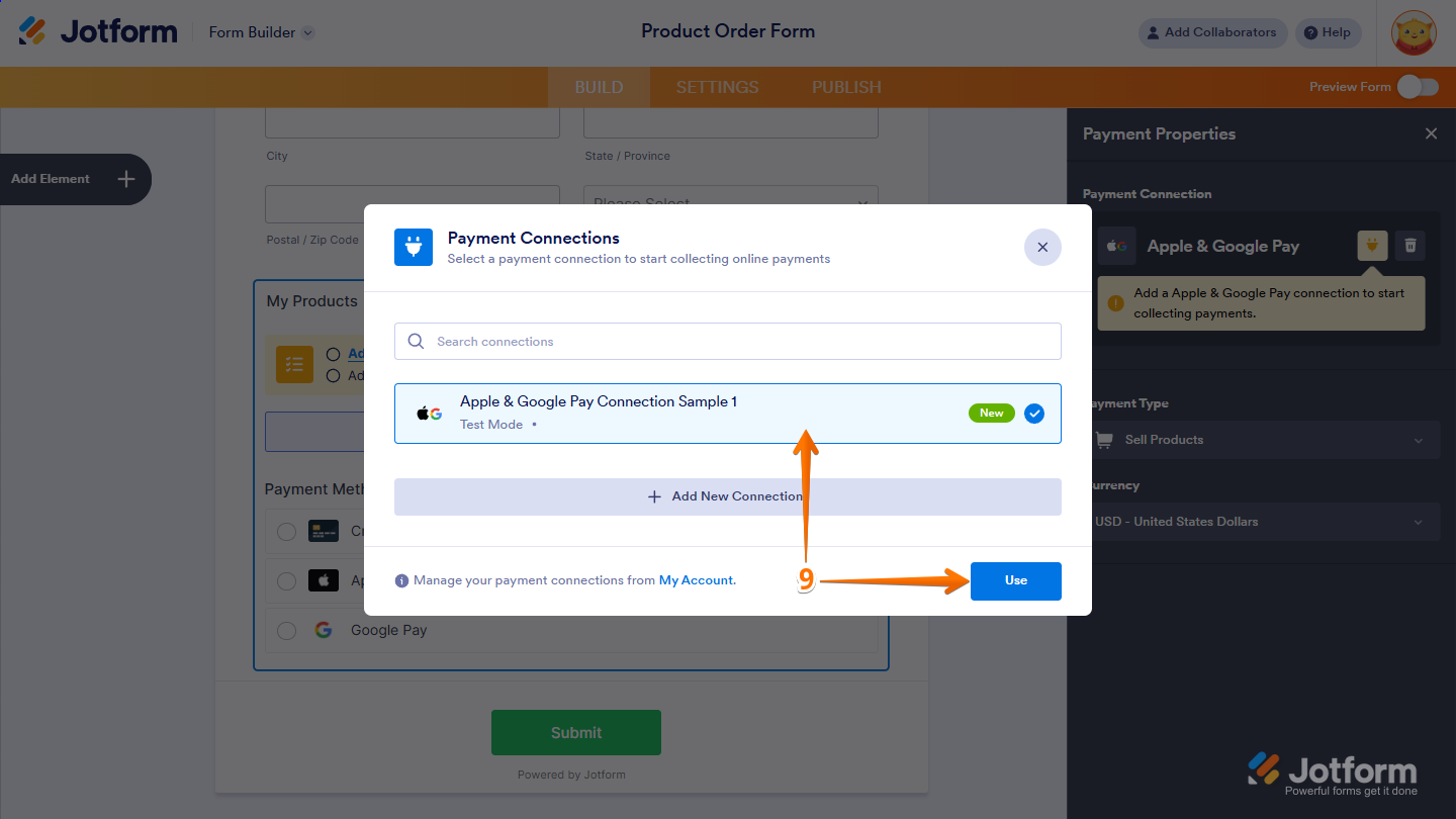 Payment Connections window with Apple Pay & Google Pay connection selected and Use button highlighted