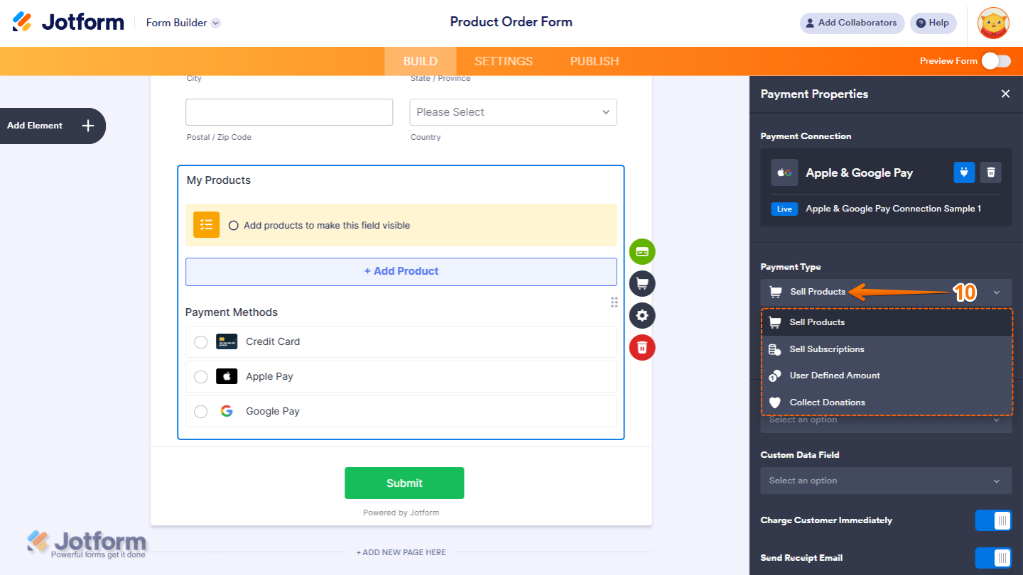 Payment Type dropdown menu showing options for Sell Products, Sell Subscriptions, User-Defined Amount, and Collect Donations in Apple Pay & Google Pay setup