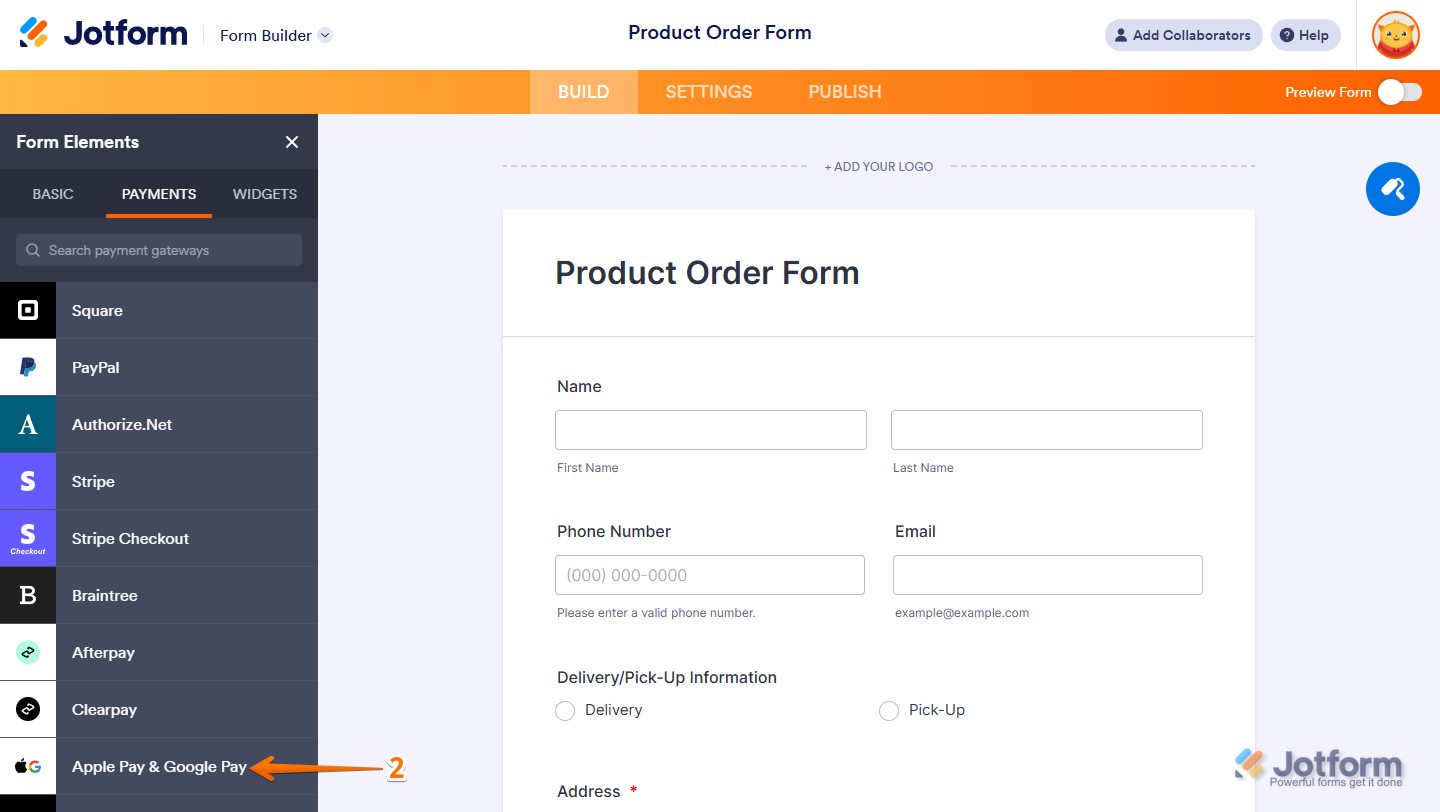 Form Elements menu showing Apple Pay & Google Pay under the Payments tab