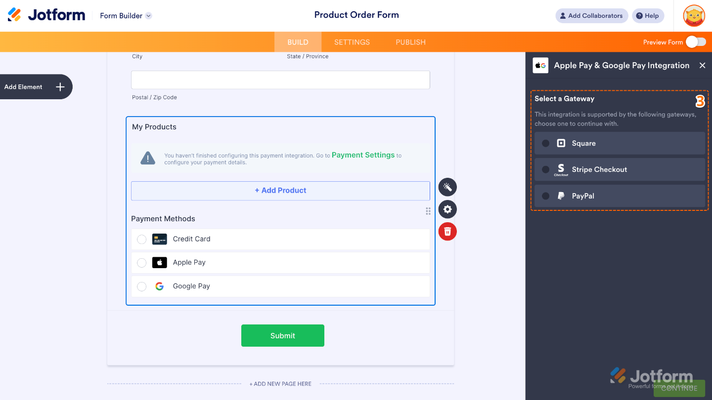 Apple Pay & Google Pay integration window showing Square, Stripe Checkout, and PayPal as payment provider options