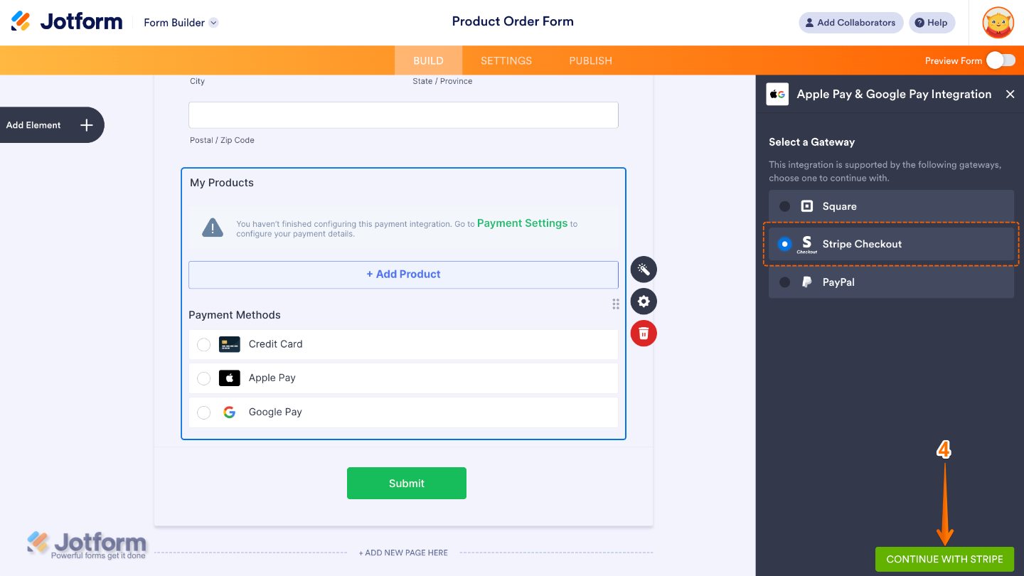 Apple Pay & Google Pay setup screen with Stripe Checkout selected and Continue with Stripe button highlighted