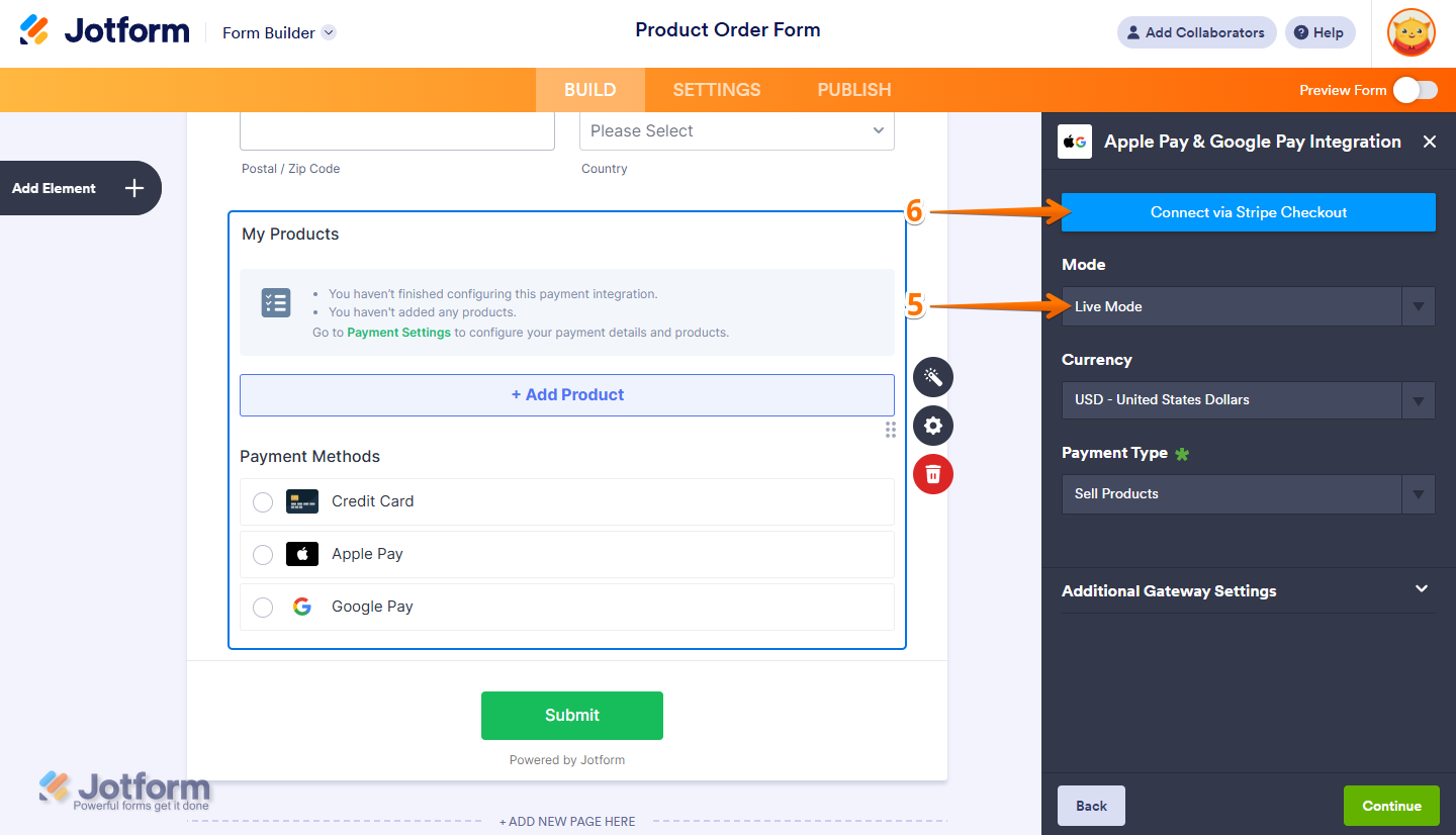 Apple Pay & Google Pay integration window with Mode dropdown showing Live Mode and Test Mode options, and Connect via Stripe Checkout button highlighted