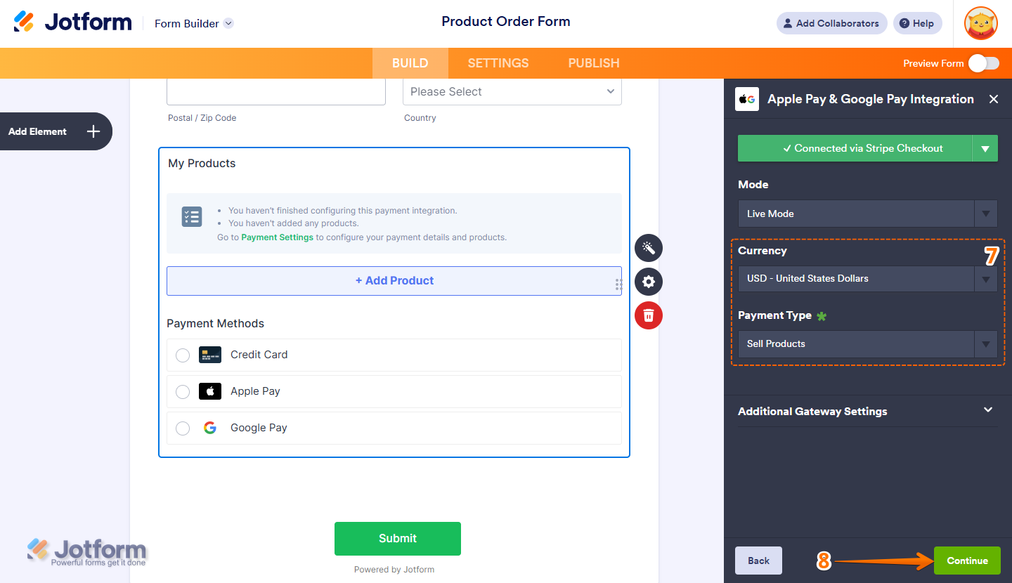 Stripe Checkout integration settings showing currency selection, payment type options like Sell Products, Subscriptions, User-Defined Amount, and Collect Donations