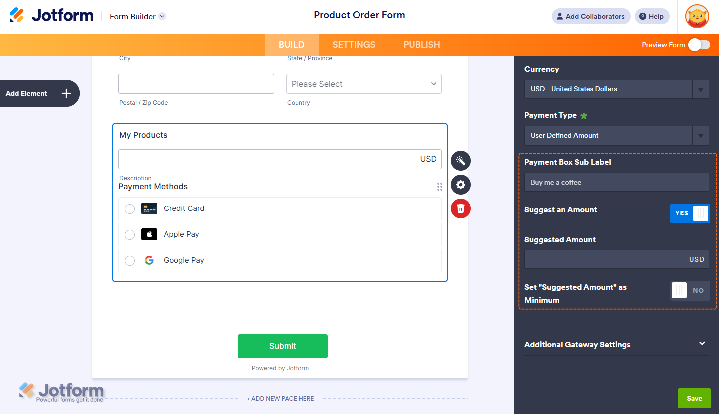 Configuring payment field to accept custom amounts or donations with suggested price and calculation widget integration
