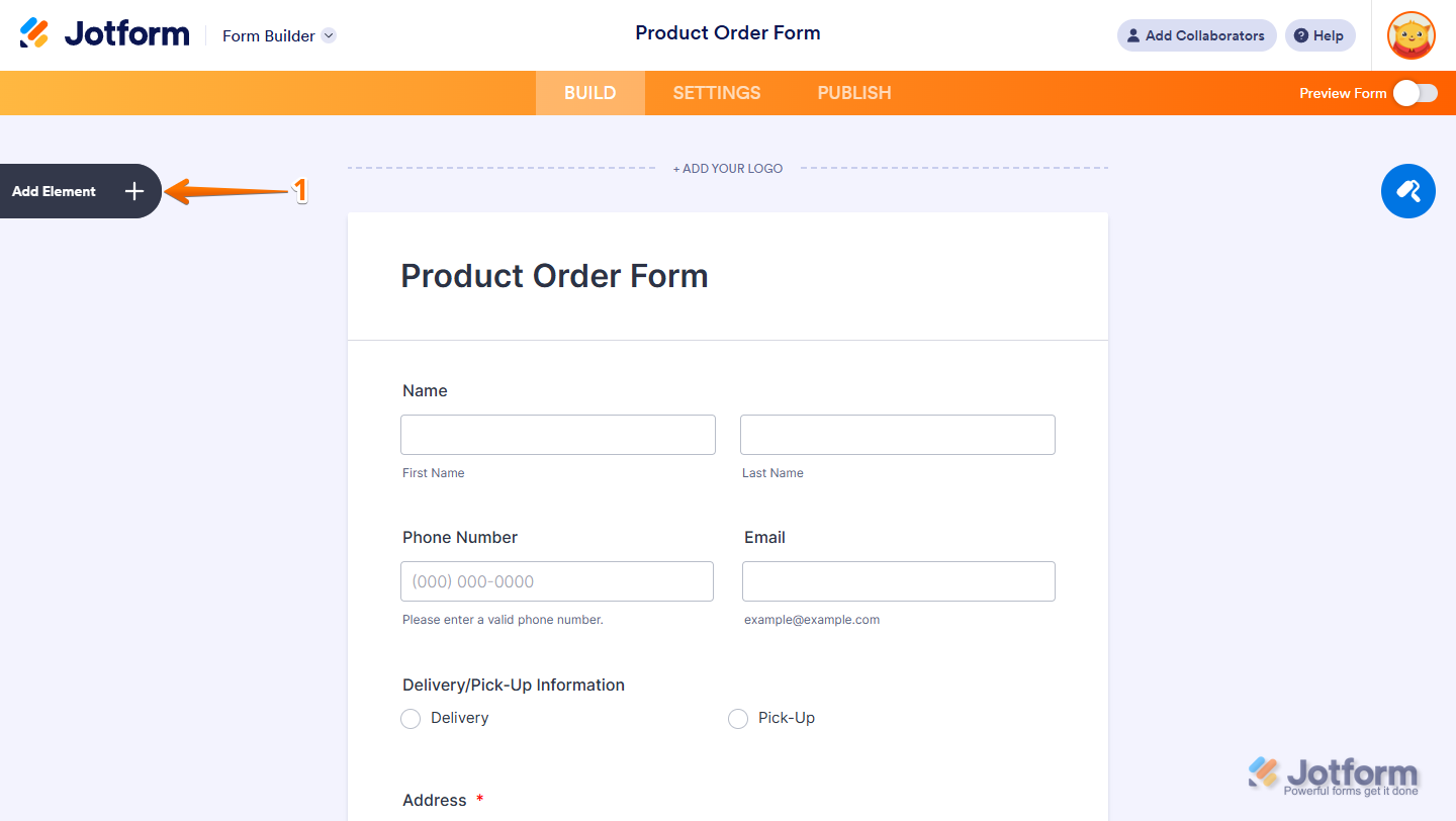 Form Builder interface highlighting the Add Element button on the left panel