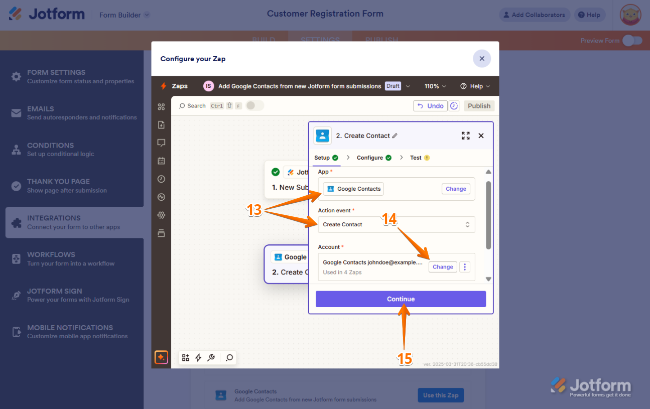 The integration automatically sets up the App & Action Event options