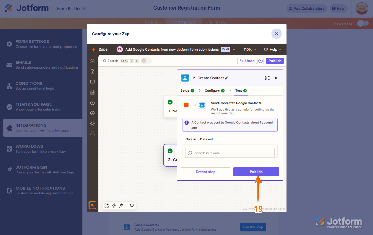 Clicking 'Publish' in Jotform’s Zapier integration to enable the Zap and complete the setup
