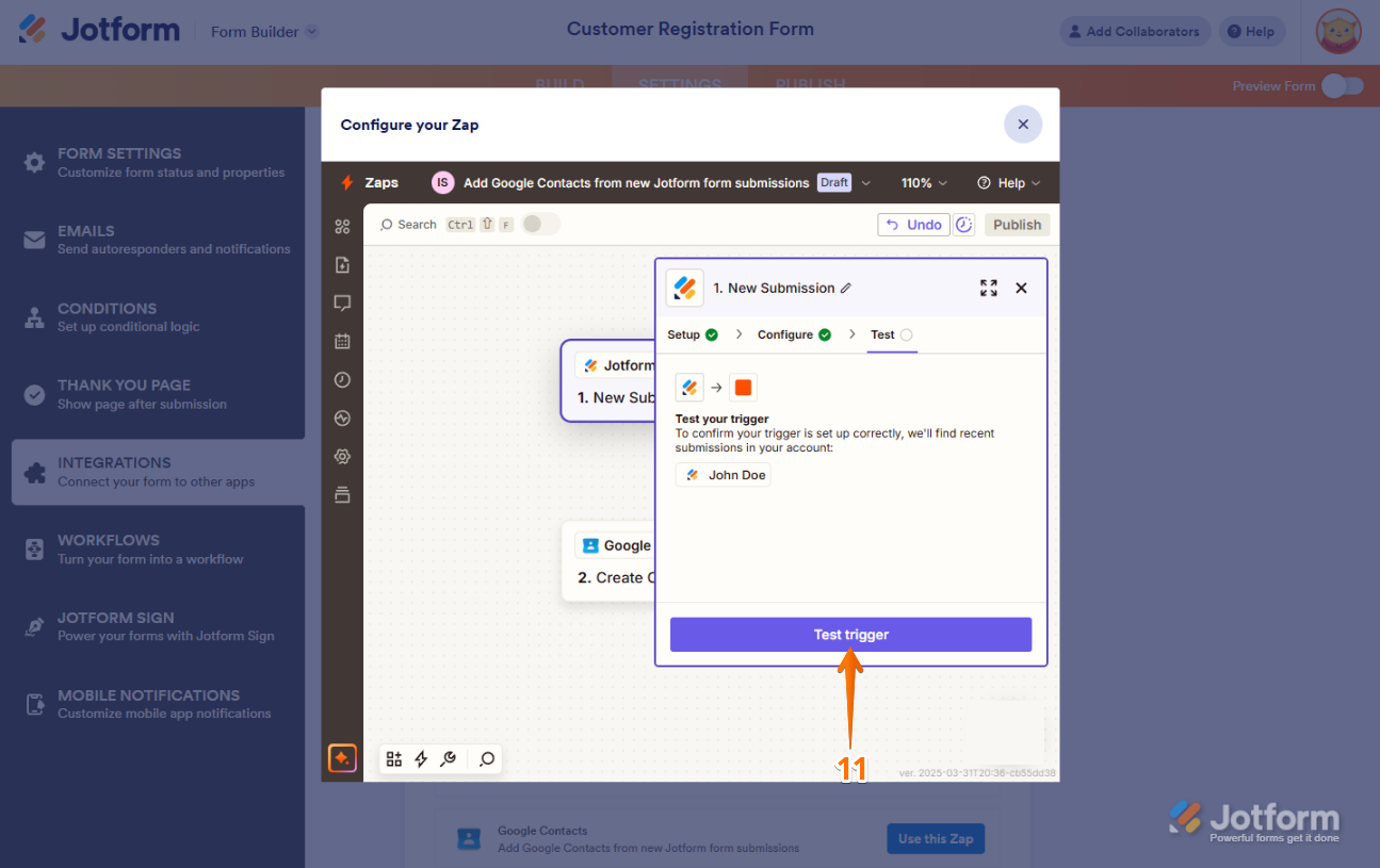 Clicking the 'Test Trigger' button in Jotform’s Zapier integration to test the setup