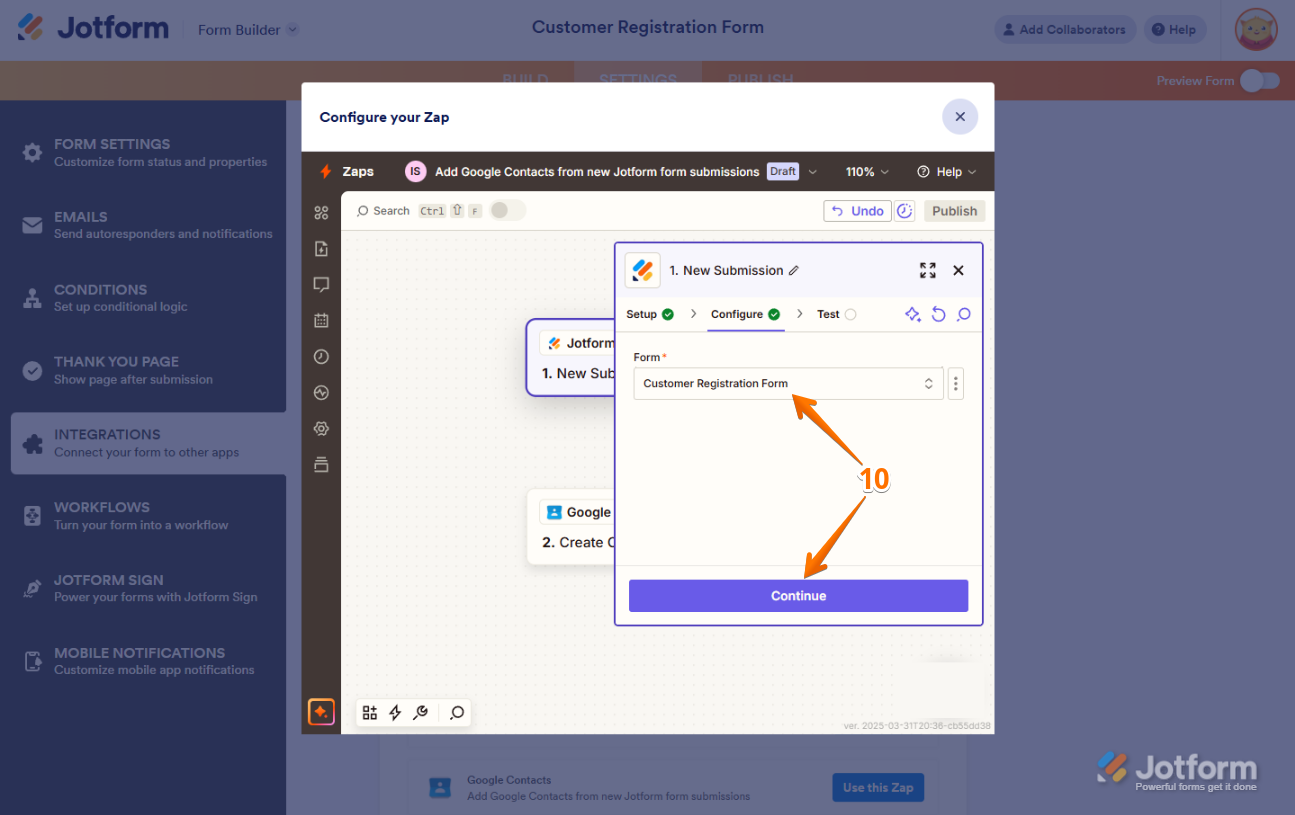 Selecting your form from the dropdown menu under the Configure tab and clicking 'Continue' in Jotform’s Zapier integration