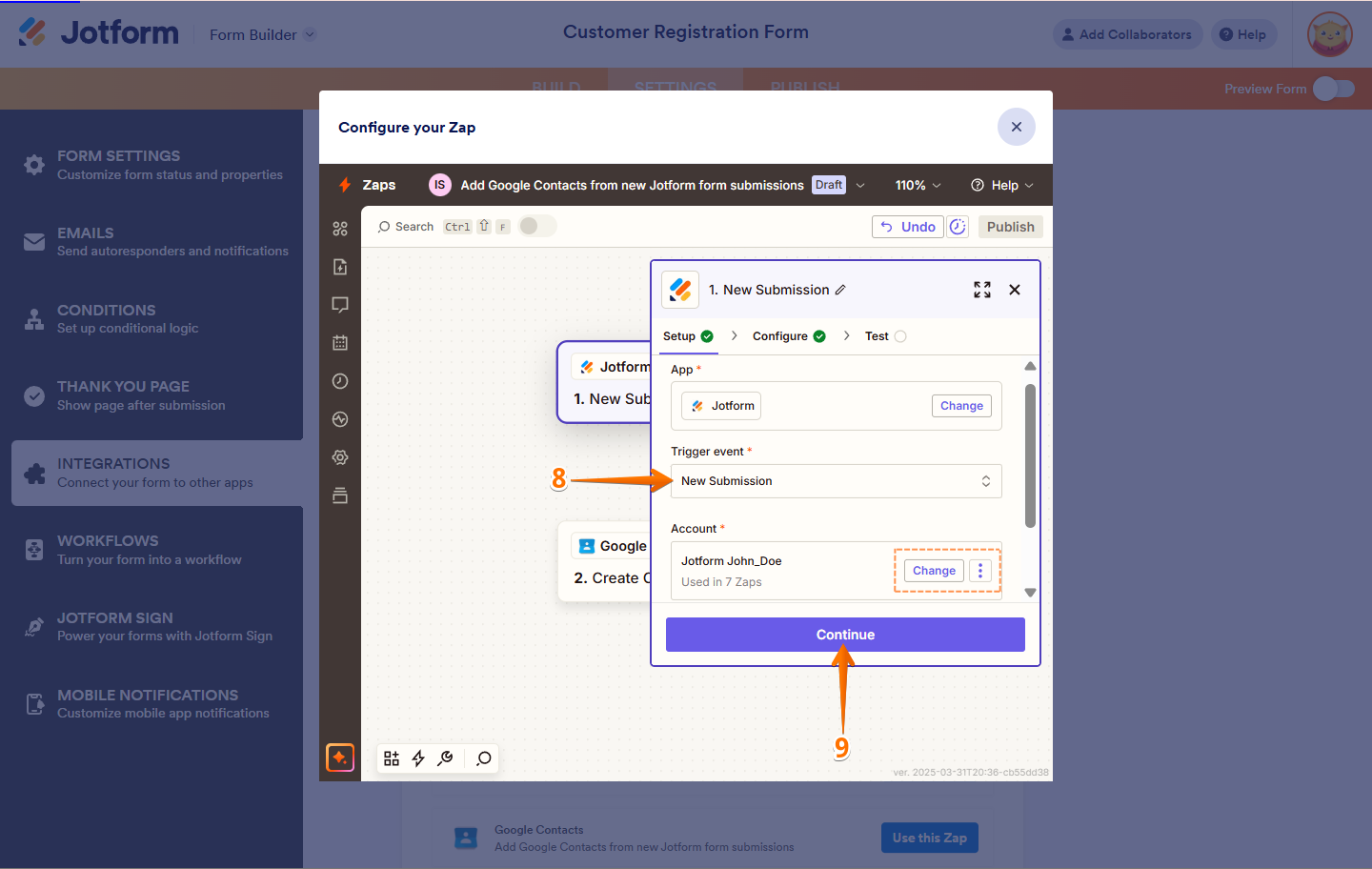Selecting the Trigger Event under the Setup tab and clicking 'Continue' in Jotform’s Zapier integration