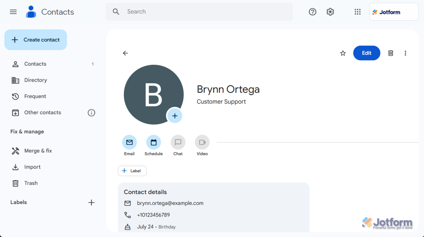 Verifying the test data in Google Contacts to confirm that Jotform’s Zapier integration is working correctly