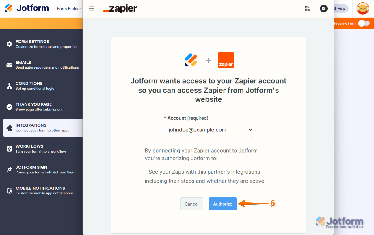 Logging into a Zapier account and clicking 'Authorize' to connect Jotform with Zapier