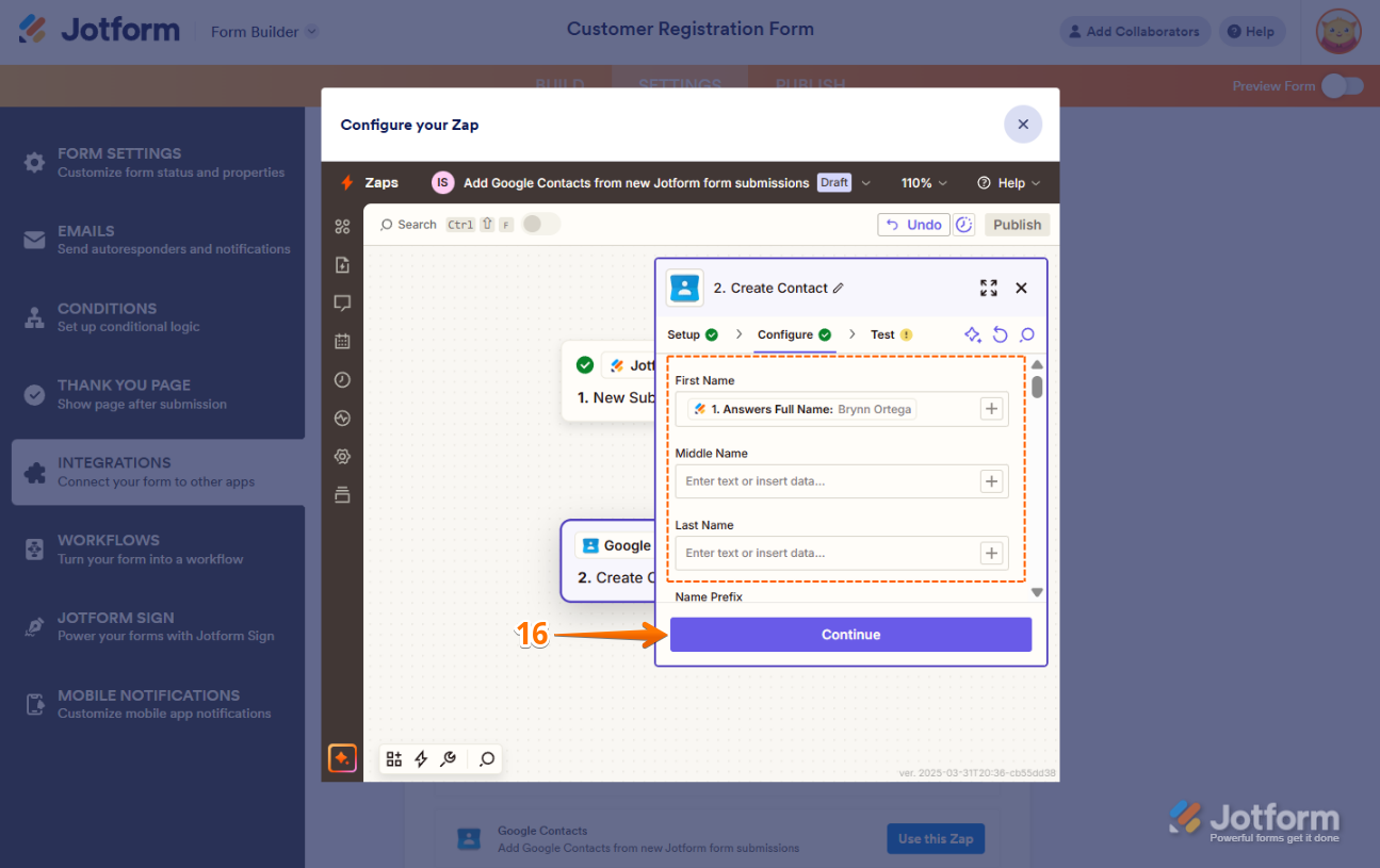 Mapping Jotform form fields to Google Contacts in the Configure tab and clicking 'Continue' in Jotform’s Zapier integration