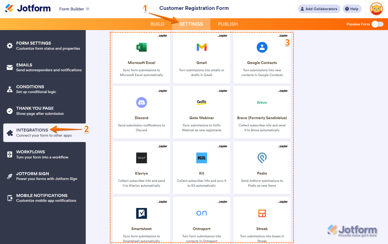 Integrations List powered by Zapier in Jotform