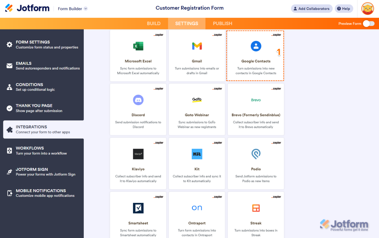 Selecting Google Contacts from the integration list in Jotform’s Zapier-powered integrations tab