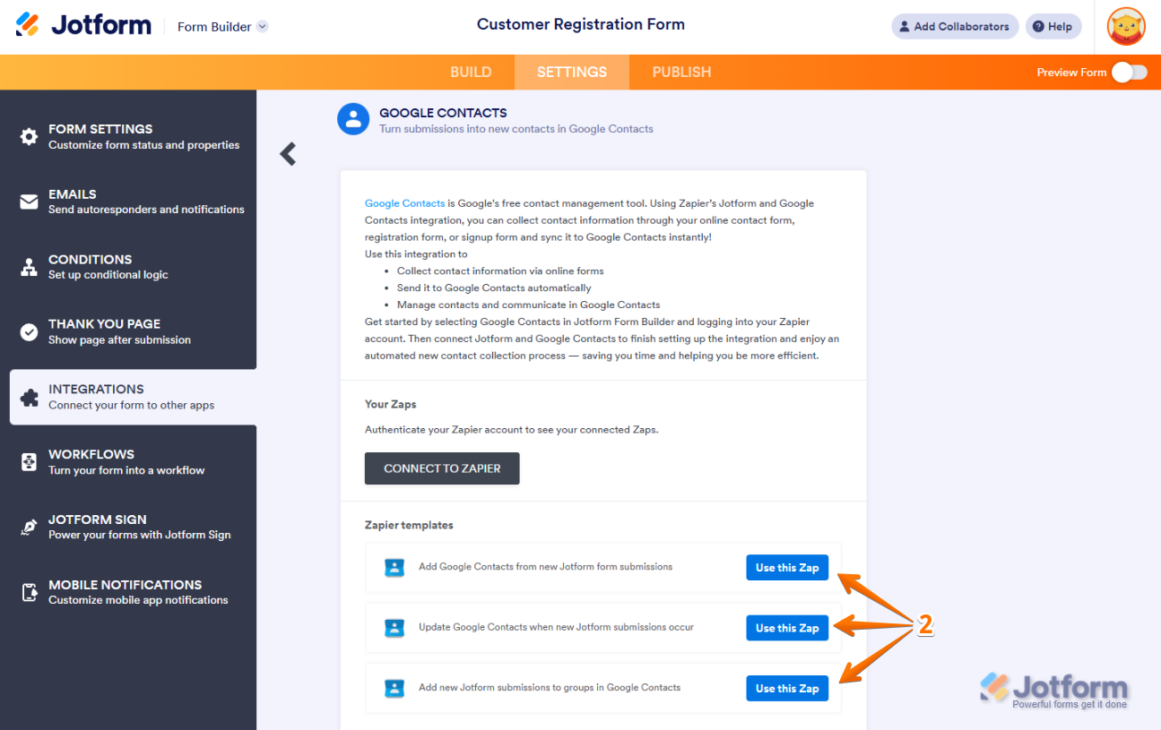 Clicking 'Use this Zap' next to a Zap Template in Jotform’s Zapier-powered integrations tab
