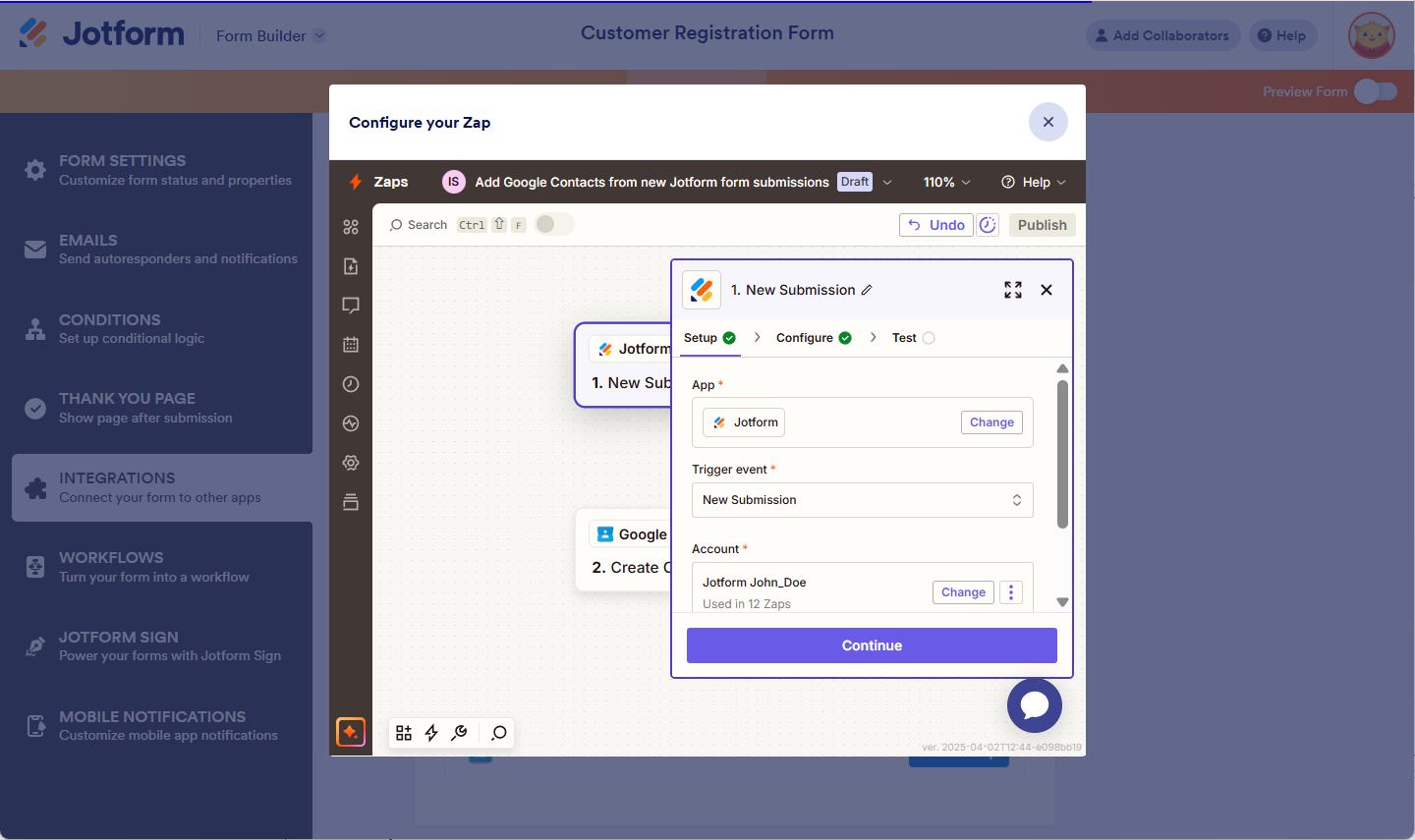 Following the prompts to complete the integration setup in Jotform using Zapier
