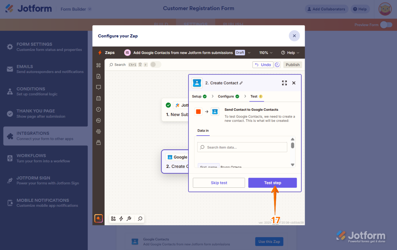 'Test Step' in Jotform’s Zapier integration to verify that the setup works correctly