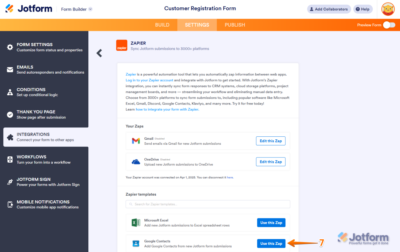 Clicking 'Use this Zap' next to the Google Contacts template in Zapier