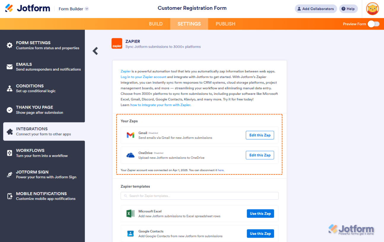 Viewing connected apps in the 'Your Zaps' section after previously connecting the form with Zapier in Jotform