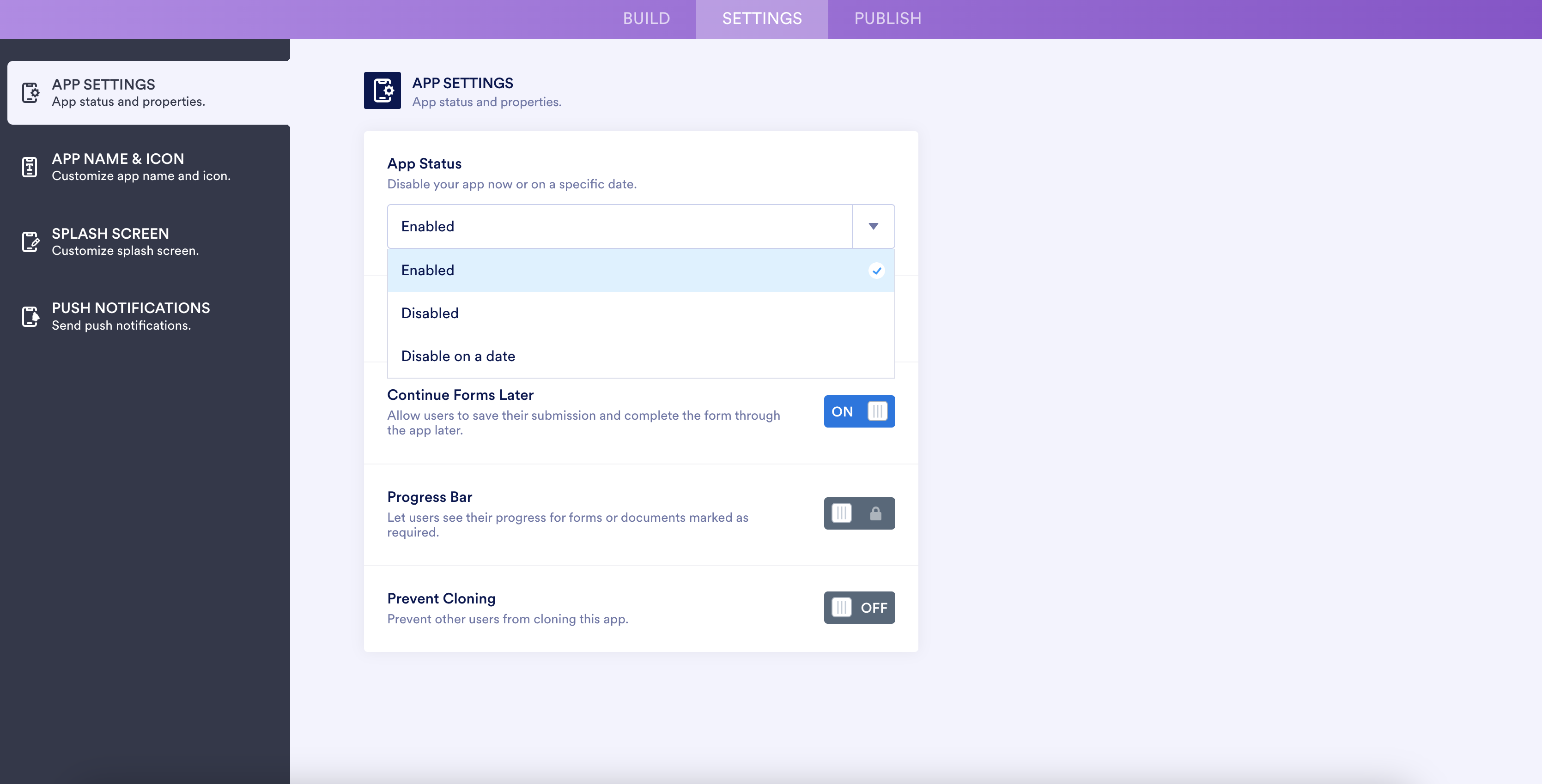 A screenshot of the app settings page showing options