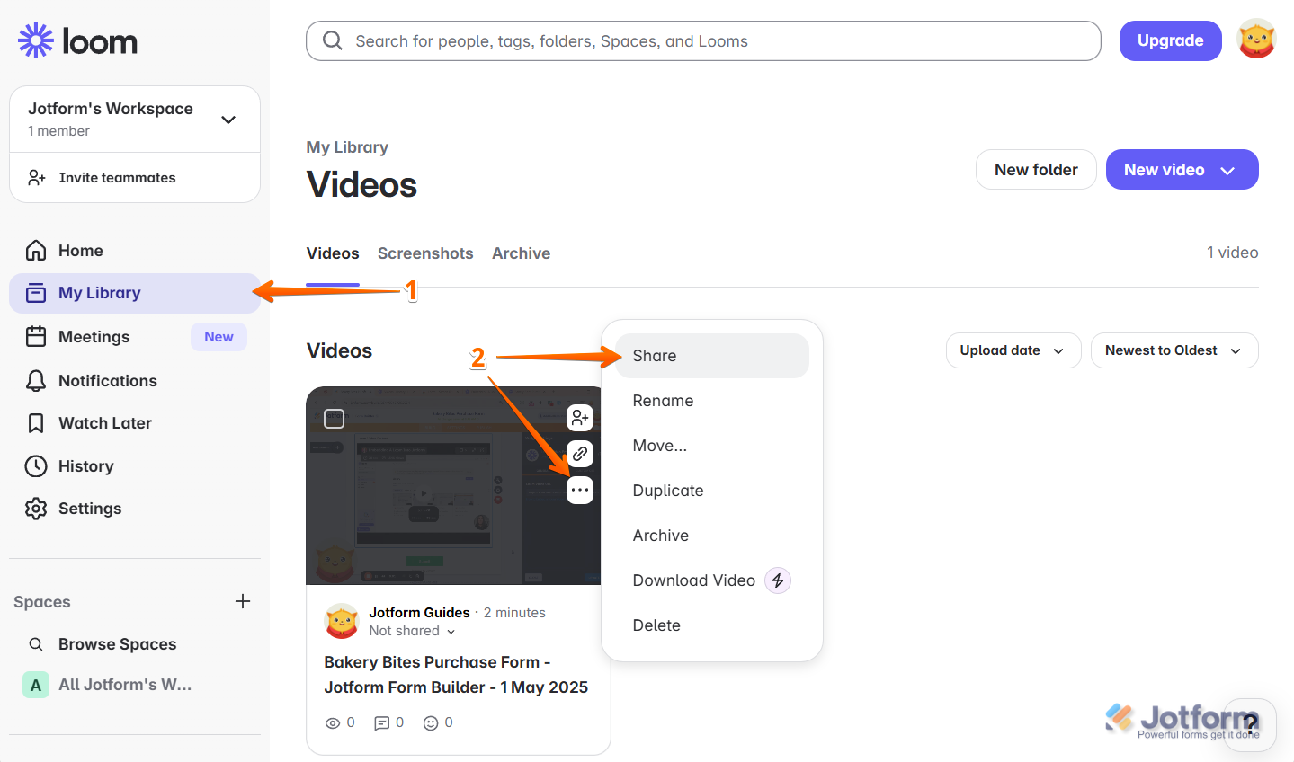Go to My Library in Loom, click the three dots on your video, then click Share