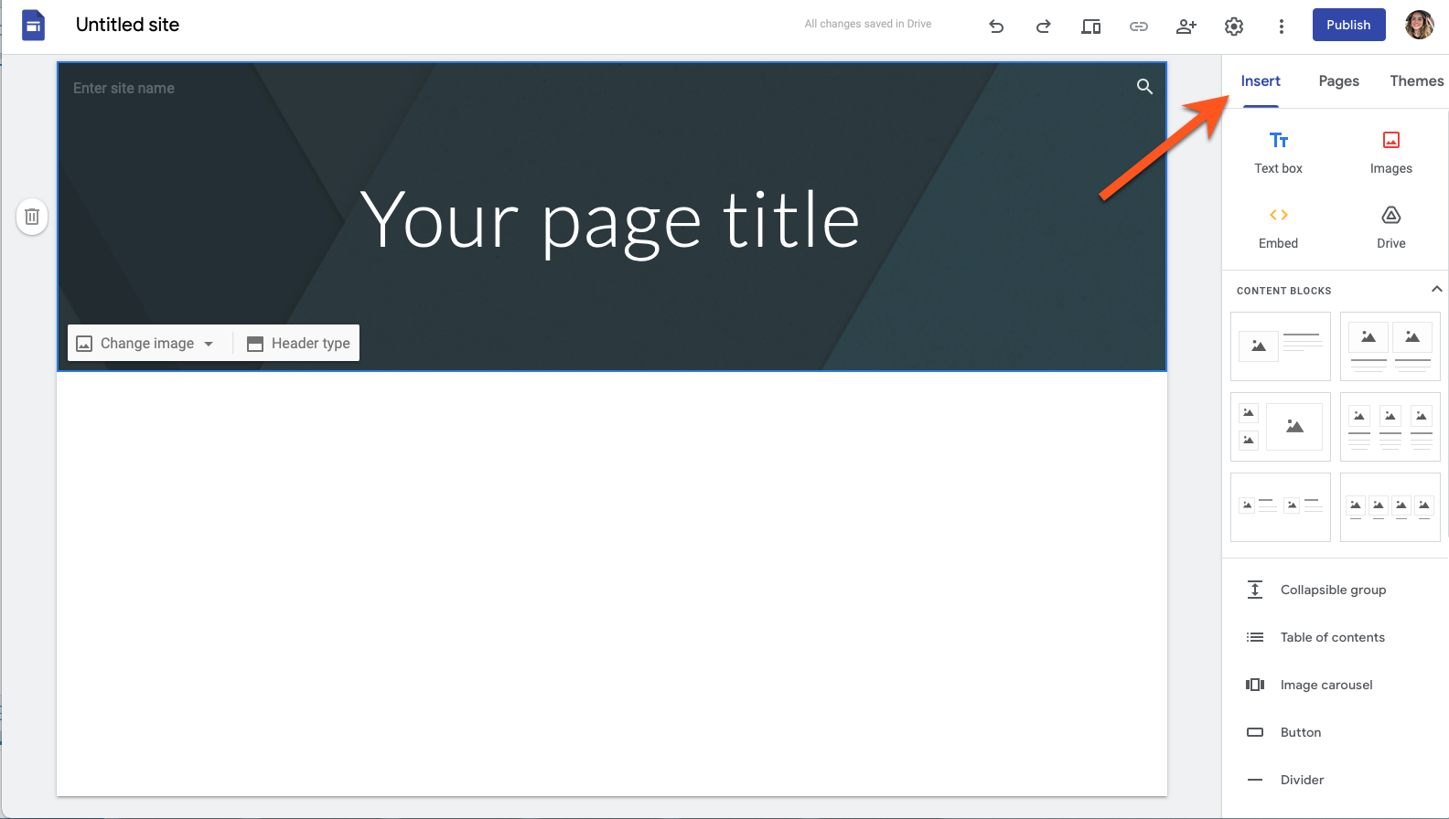 Screenshot of Google Sites' site builder, with an arrow pointing to the insert tab on the right side of the screen