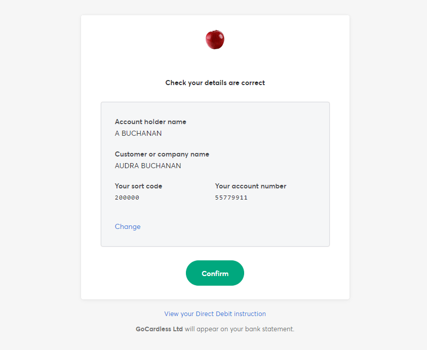 GoCardless confirmation page of mandate creation