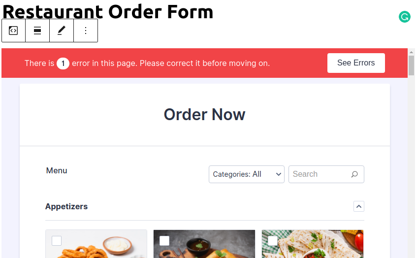 Error Message Displayed in Restaurant Order Form