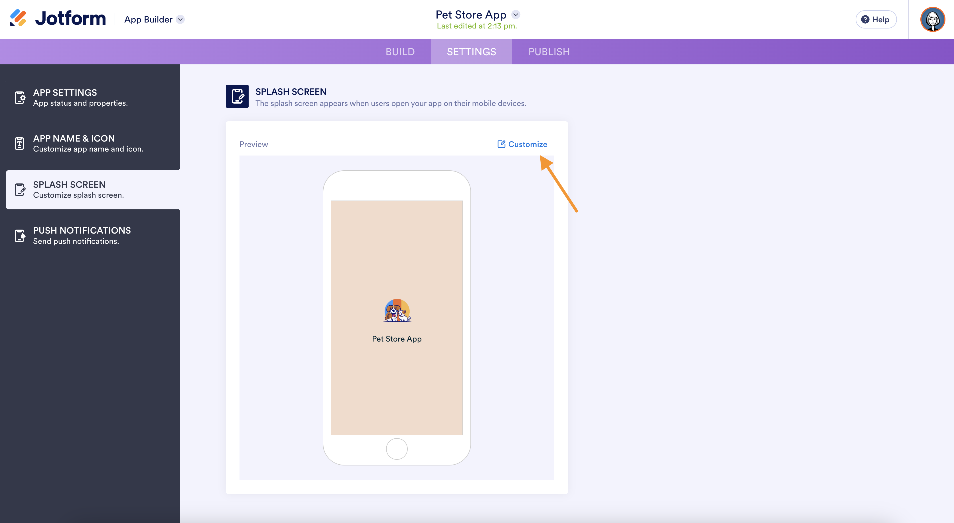 A screenshot of the splash screen settings in Jotform App Builder, showing a preview of a "Pet Store App" and a "Customize" option